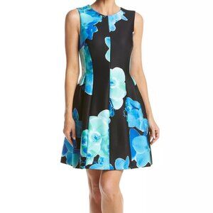 Calvin Klein Never Worn with Tag - Blue Floral Print Black Dress.  Size 4.